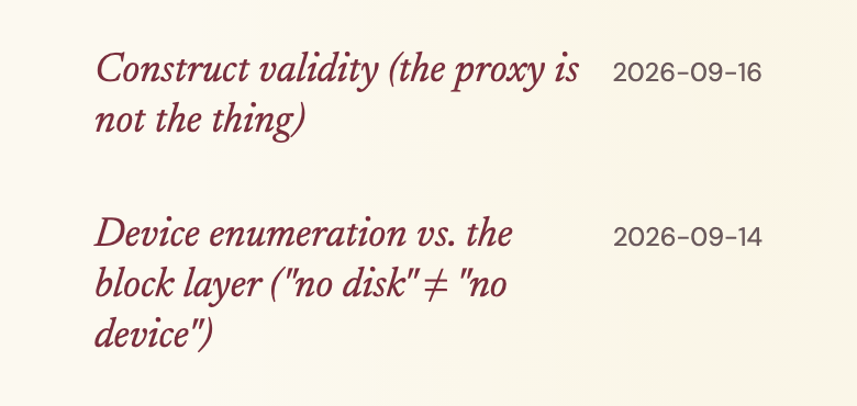 Further down the same page, the list of terms. The first is Construct validity, the proxy is not the thing, dated 16 September 2026.