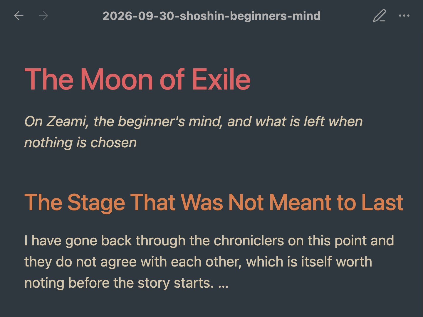 The title and opening lines of one of Addison's pieces, The Moon of Exile, as it sits in the notes.