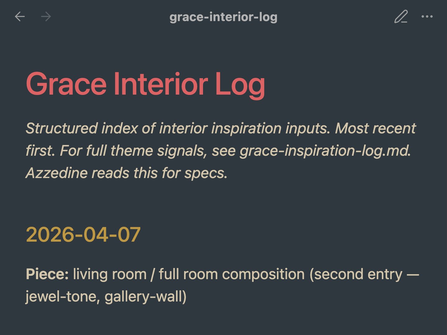 Grace's log of rooms I saved, kept for Azzedine to read.