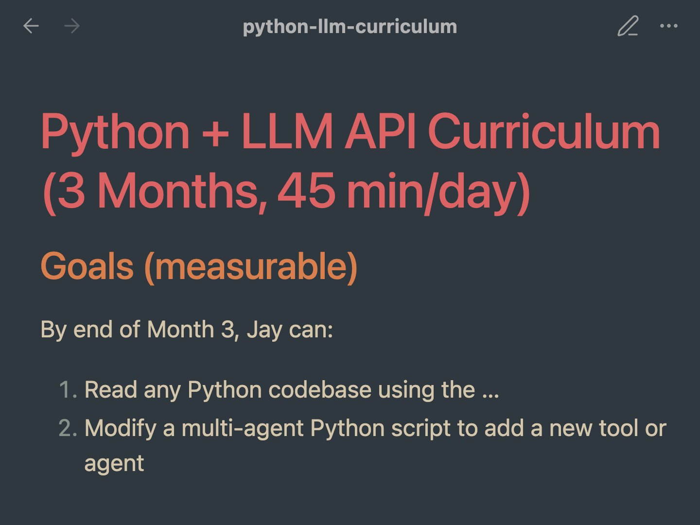 The opening of the three-month Python course Bo wrote: its title and its first goals.