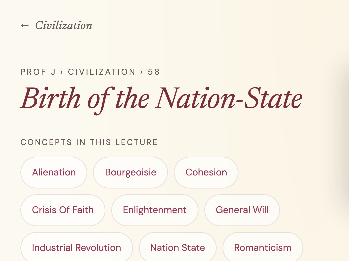 One lecture's page in the reader, listing the concepts it covers.