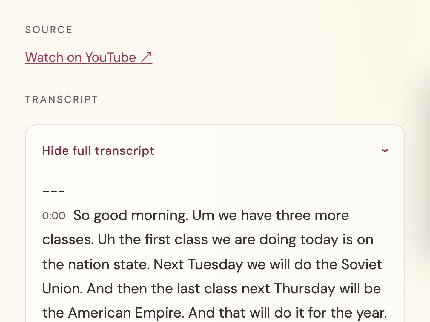 The same page further down: a link to watch the lecture, and its full transcript.