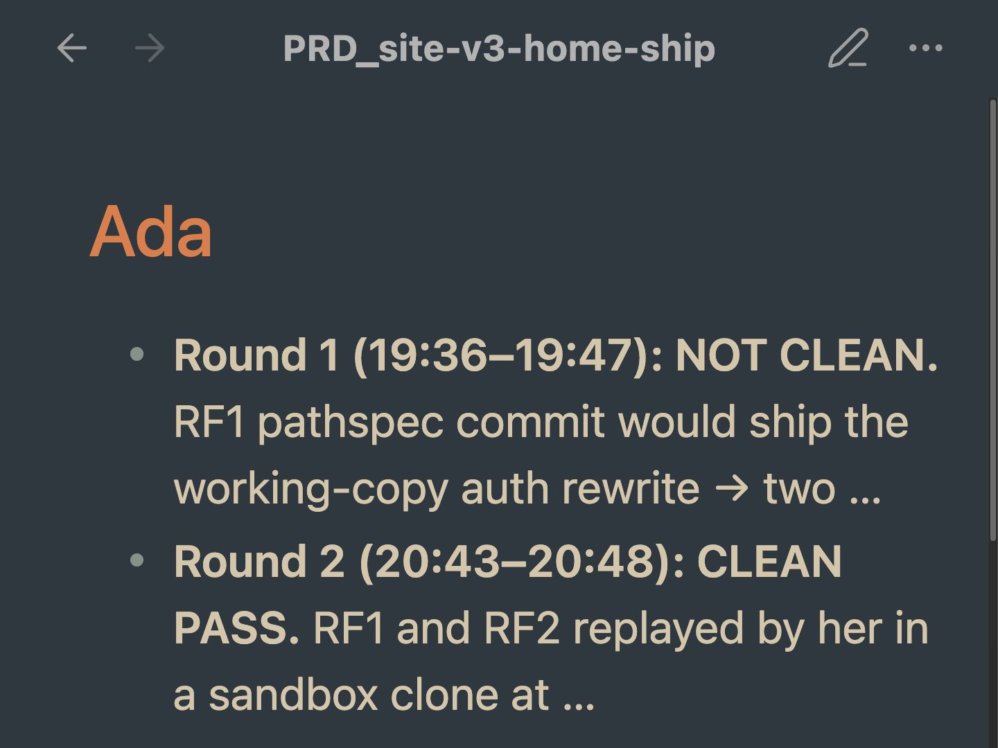 Ada's audit of the plan that shipped this site's home page: round one not clean, round two a clean pass.