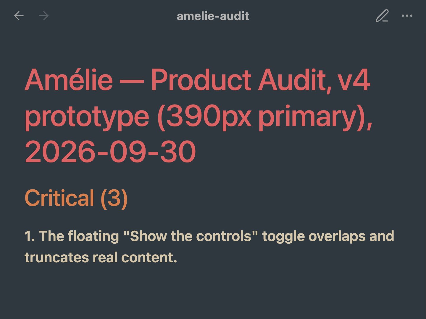 The top of Amélie's written design audit of this site, with her first critical finding.